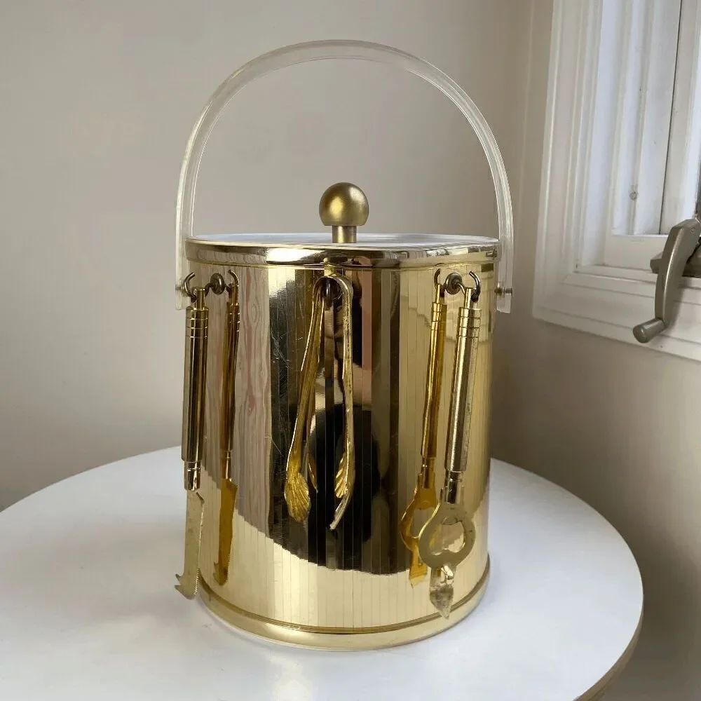 Vintage 1970s Metallic Gold Ice Bucket Clear Lucite Handle with Bar Utensils Bar